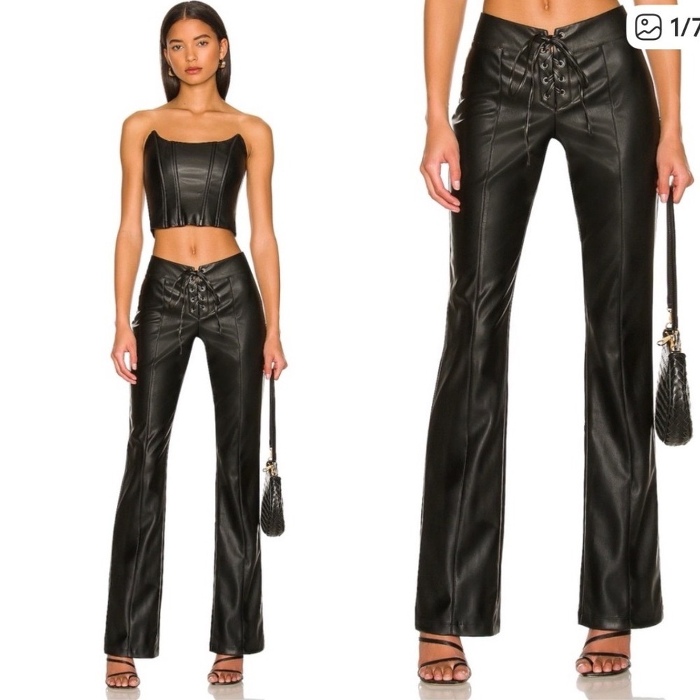h:ours Revolve Annalise Faux Leather Lace-Up Flare Leg Pants‎ Black Medium M